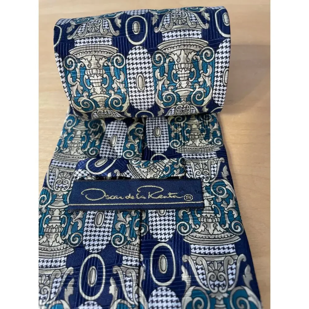 Vintage Oscar De Le Renta Silk Necktie Men's Blue Urn Cocktail Party Preppy